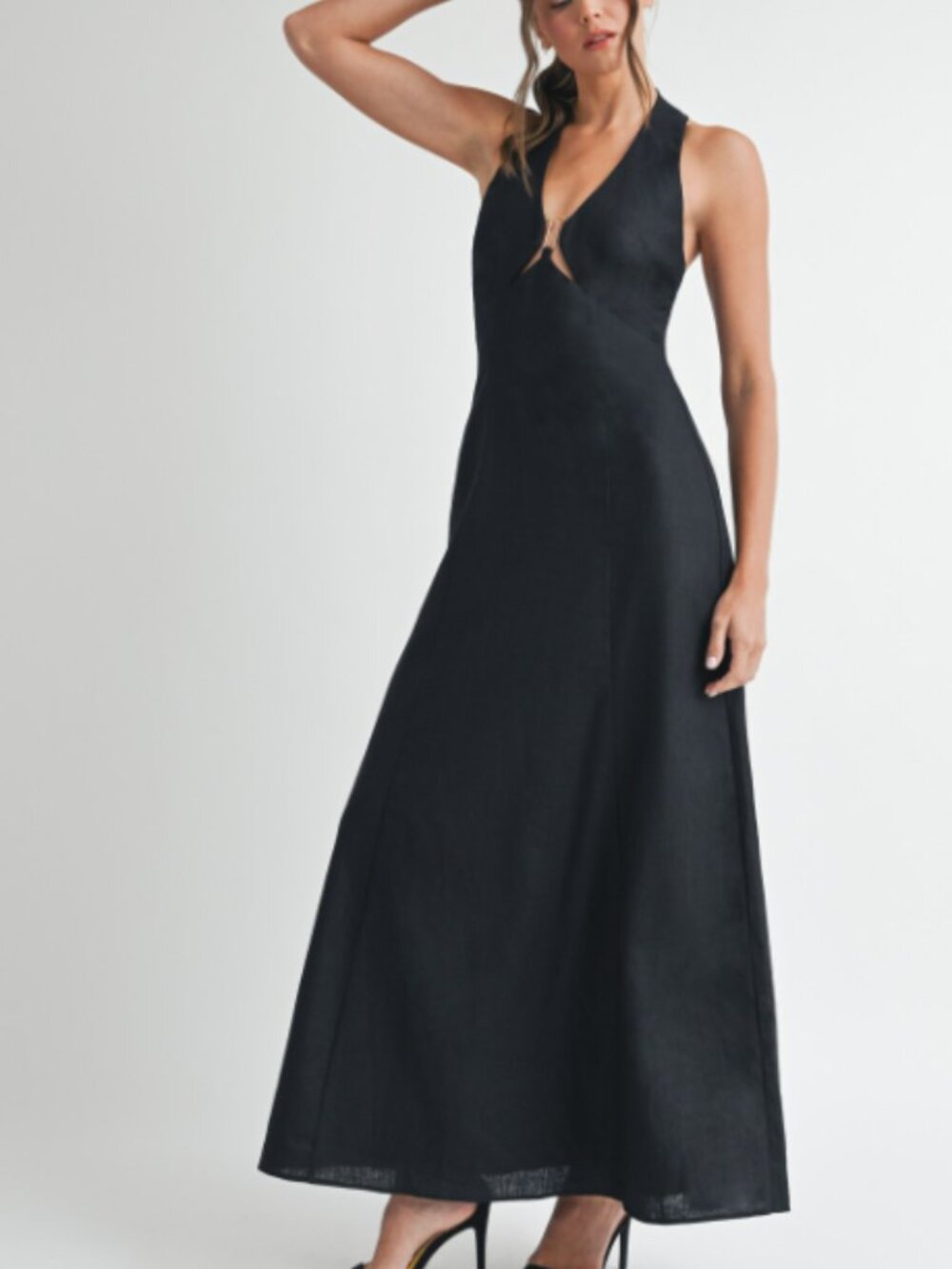 Minimist — Black Linen Halter Maxi Dress | Elegant Ring Detail | New Arrival